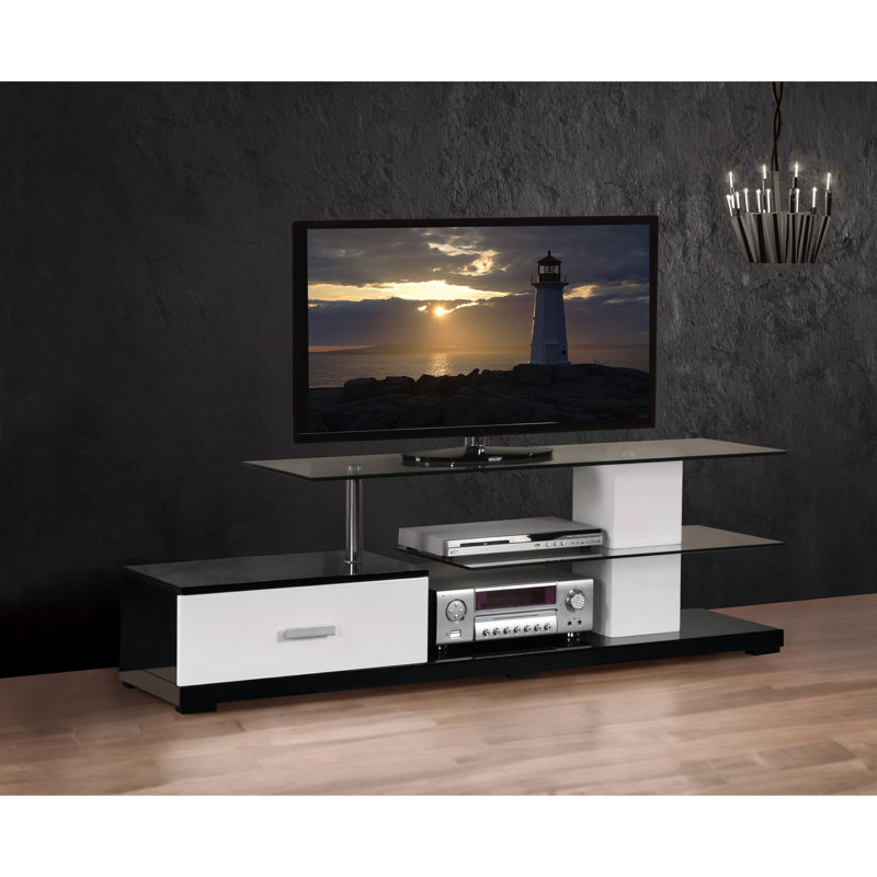 Meuble télé rectangulaire blanc et noir avec 1 tiroir et 2 tablettes ouvertes pour écrans plats de 60 po