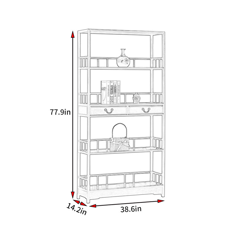 New Chinese Classic Retro Bookcase, (3 Shelves) 77.9"H x 38.6"W x 14.2"D