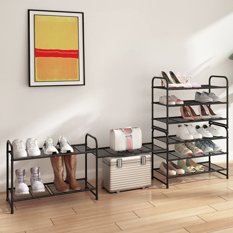 Range-chaussures empilable à 3 niveaux, grille en métal et tablette de rangement pour chaussures, Noir