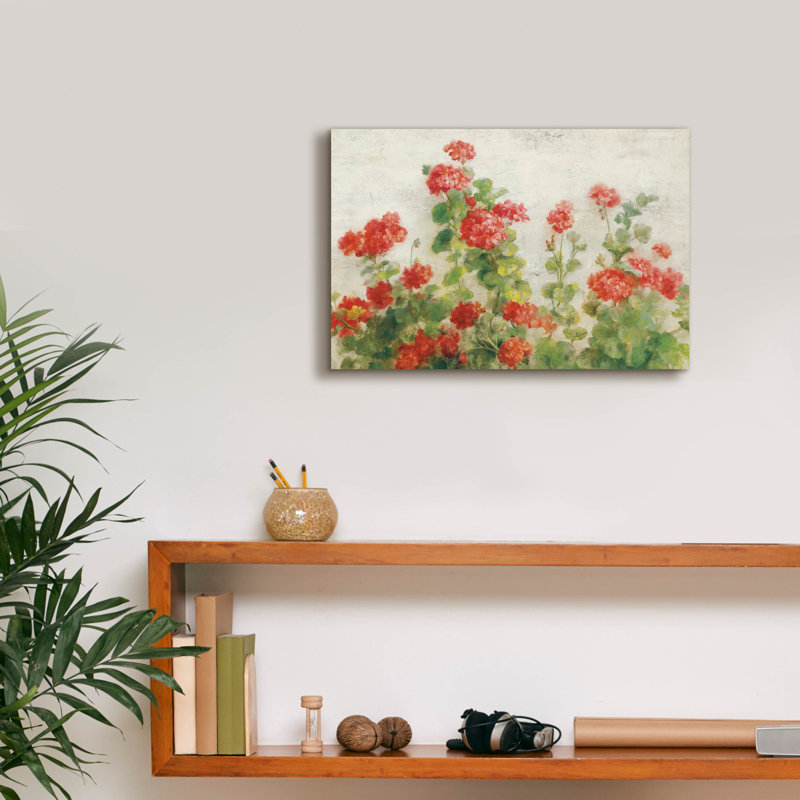 «Red Geraniums On White V2» par Danhui Nai, art mural sur toile