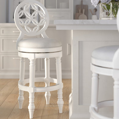 Tabouret de bar en bois blanc à dossier haut de 31 po avec siège pivotant et rond, retour à 180 degrés, pieds tournés, rembourré, repose-pieds pour restaurant en blanc, siège confortable automatique sur bois robuste,