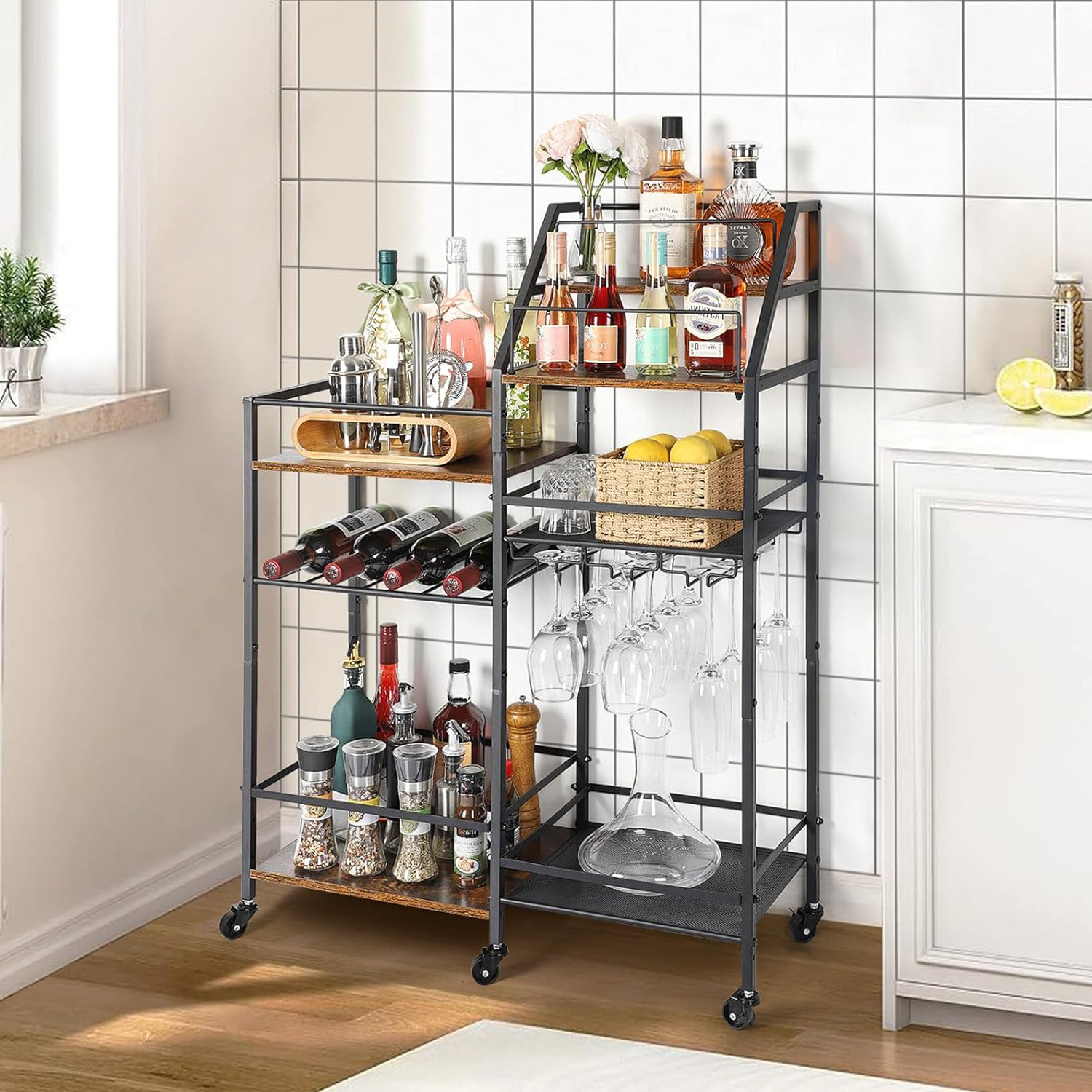 17 Stories Rolling Bar Cart with Wine Glass Holder, Small Mini Bar for ...