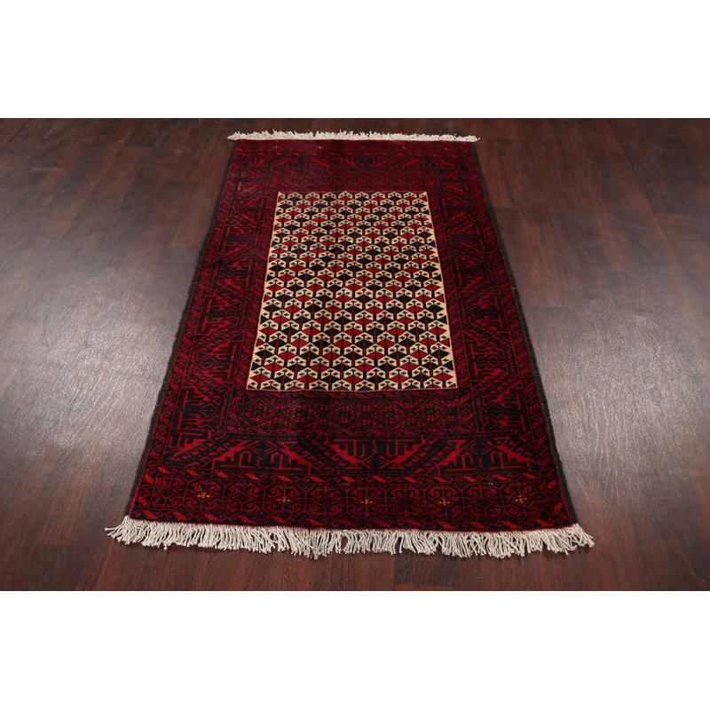 Tapis décoratif en laine noué à la main de conception unique noué à la main rouge/bleu marine 3 pi 2 po x 5 pi 5 po
