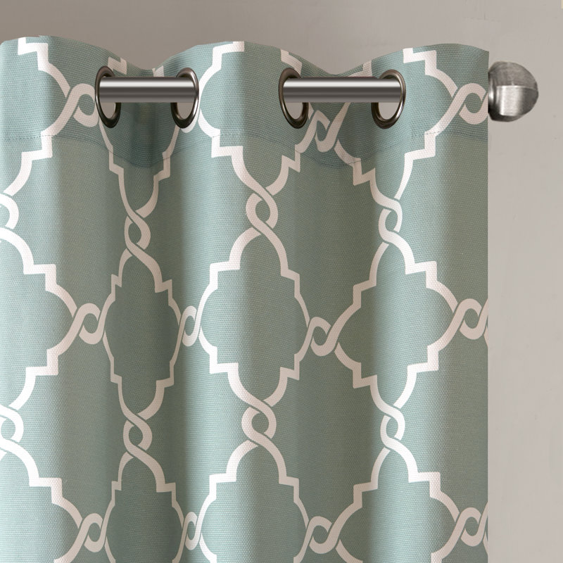 Saratoga Fretwork Print Grommet Top Single 50x108" Window Curtain Panel, 50" W x 108" L, Seafoam/White