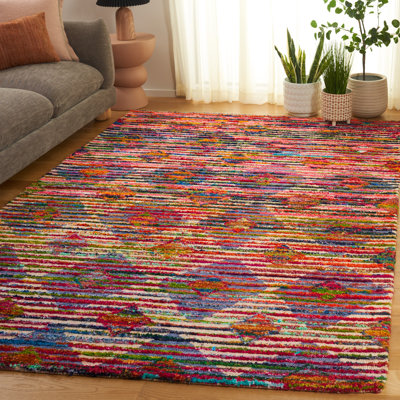 Tapis géométrique beige / bleu en laine / coton touffeté à la main Klasina