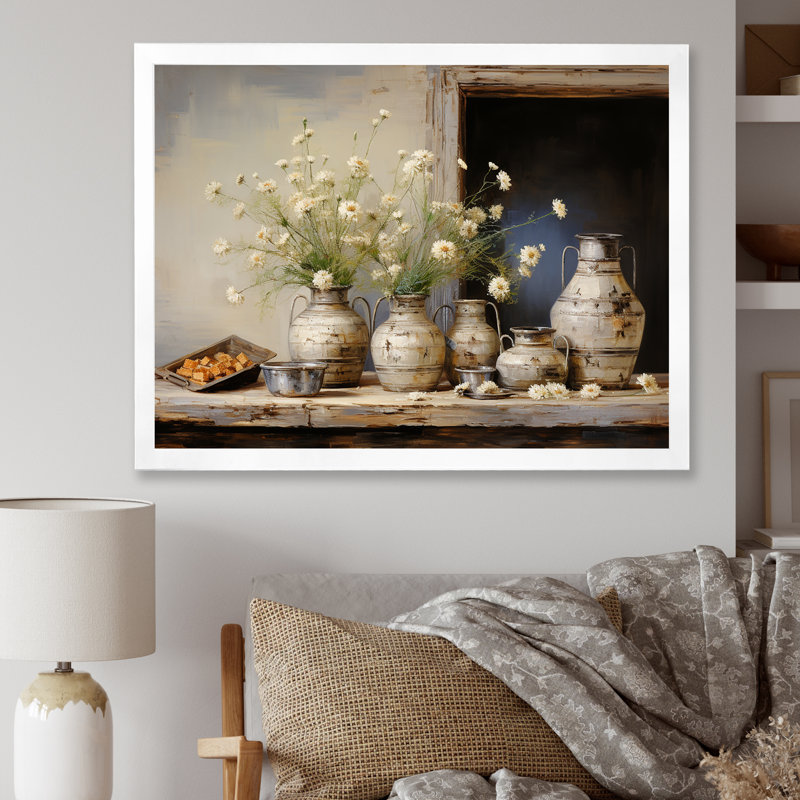 Flower Herbs Farmhouse Still Life, H 24 po x l 32 po x P 1 po, Cadre simple blanc