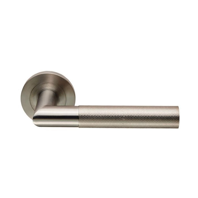 Crown Curled Lever on Concealed Fix Round Roses, Satin Stainless Steel