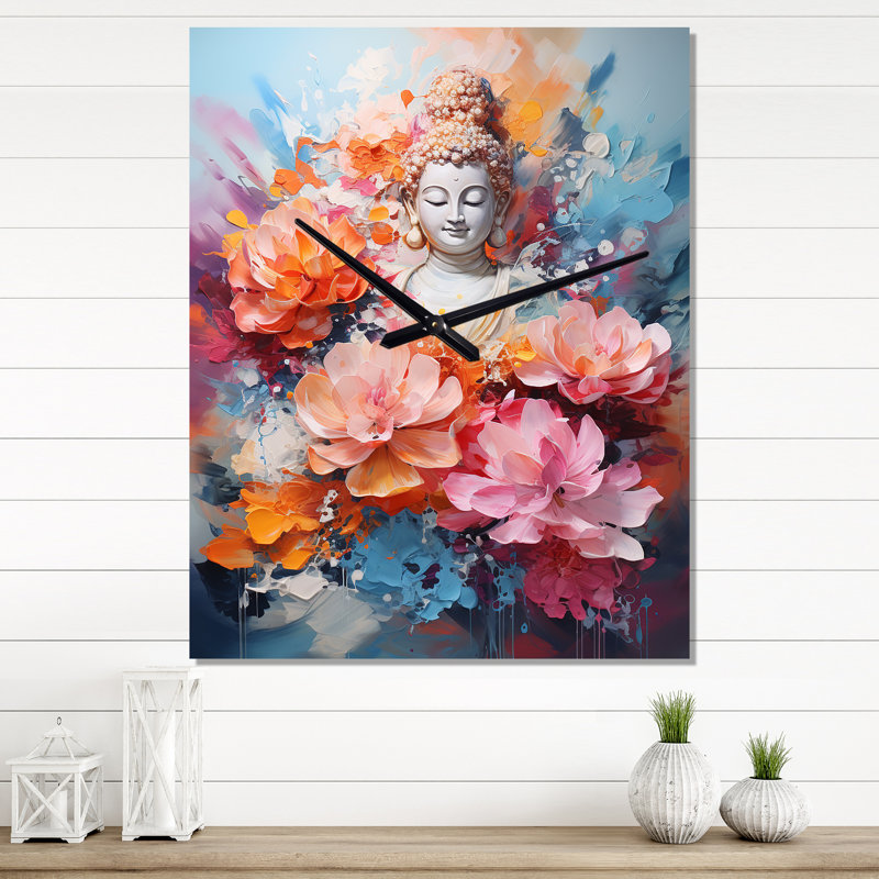 Horloge murale moderne Bouddha floral en méditation II, Très grand