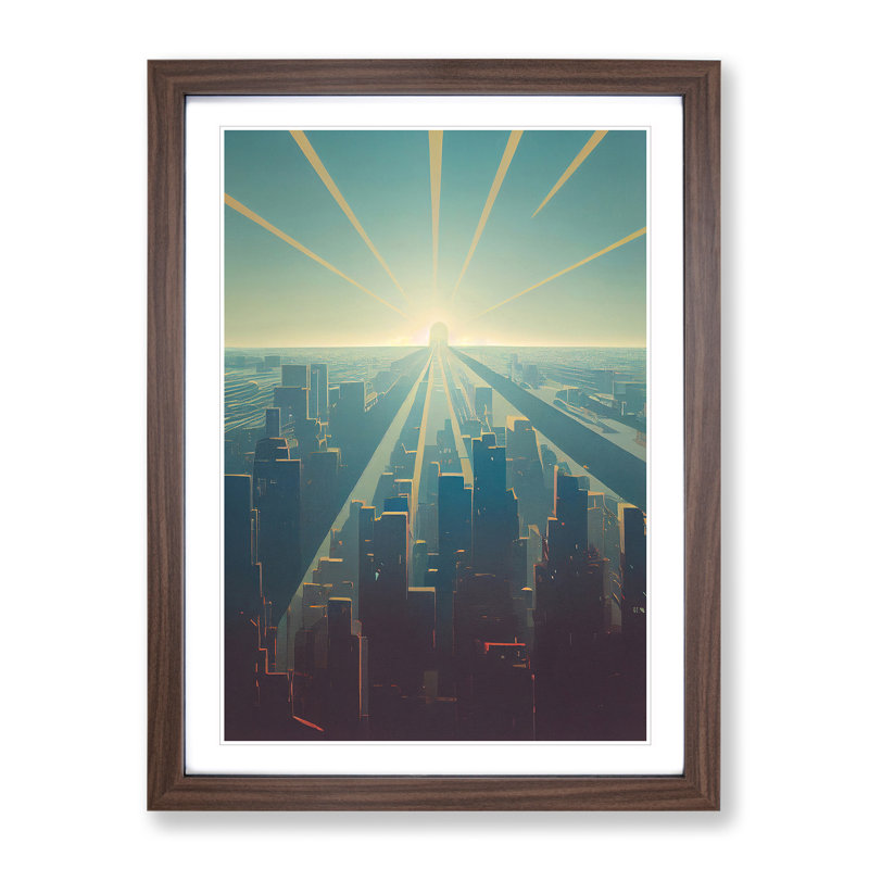 A Serene City Skyline No.4 - Single Picture Frame Print, 64cm H x 46cm W x 2cm D, Walnut