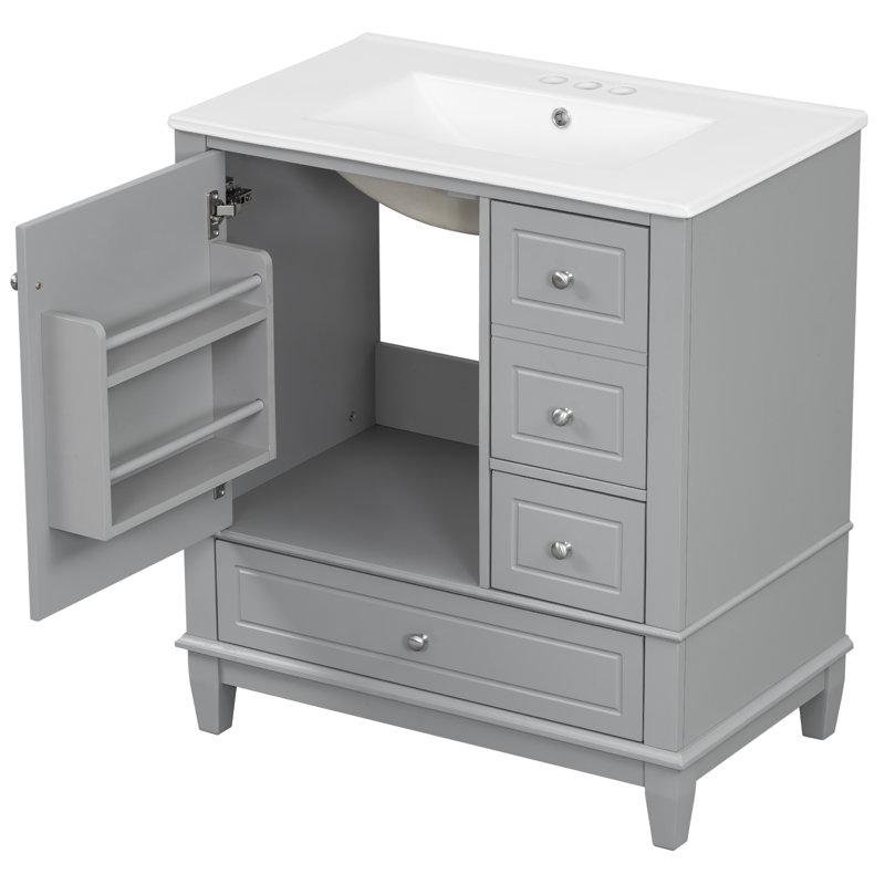 Meuble-lavabo avec lavabo, tablette et tiroirs, Gris, Argent argent