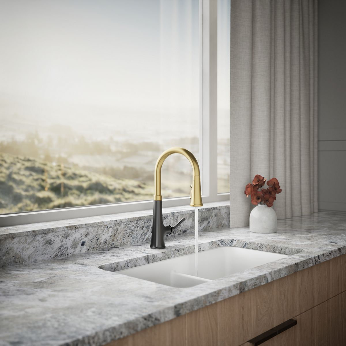 Tone Pull-Down Kitchen Faucet, Matte Black/Moderne Brass