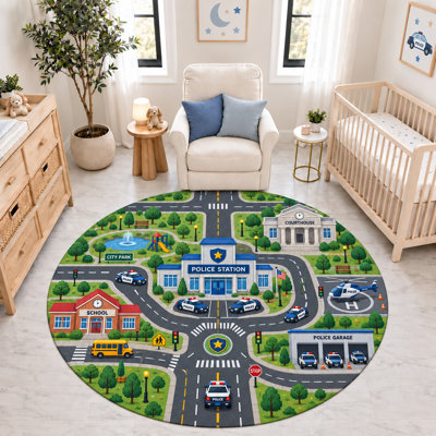 Tapis rond « ultra-fin » 183 x 183 cm, motif commissariat et routes de ville, tapis d'intérieur doux à poils courts avec envers antidérapant en silicone, idéal pour la chambre d'enfant, la chambre de bébé ou la salle de jeux.