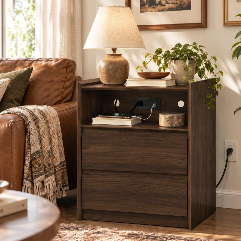 Table de chevet moderne 20 po avec station de charge, 2 tiroirs et tablette ouverte, Noyer foncé, Individuel