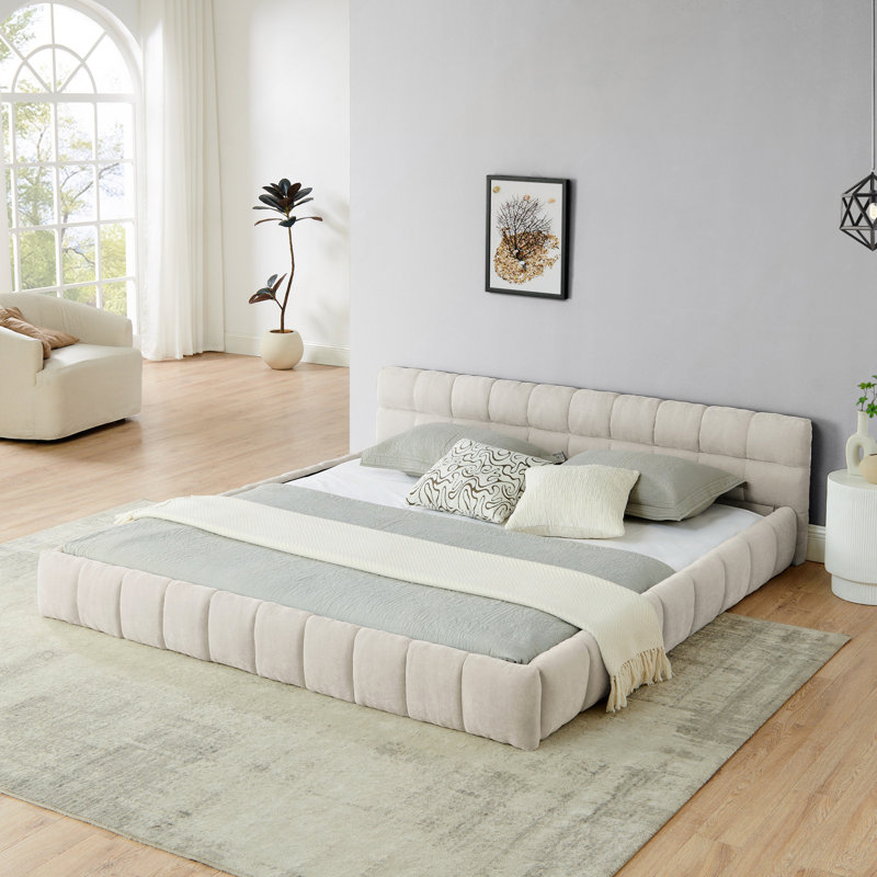 Très grande base de lit tapissier avec tissu chenille épais, Beige