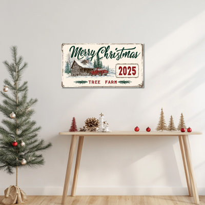 Merry Abhinaya, scène de chalet d'hiver en camion rouge rétro, 2025 décorations des Fêtes, impressions sur toile, affiche de décoration de Noël rustique pour le salon, prête à être suspendue, 12 po x 24 po