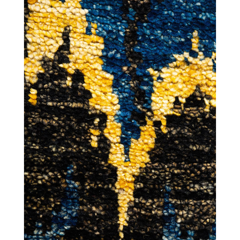 Tapis unique blanc cassé / bleu / noir / jaune noué à la main de 3 pi 10 po x 6 pi 2 po Vernika