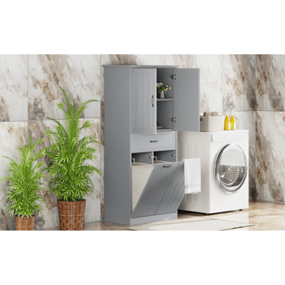 Armoire de rangement pour salle de bain avec deux paniers à linge, armoire de rangement avec portes et tiroir pour la maison, gris