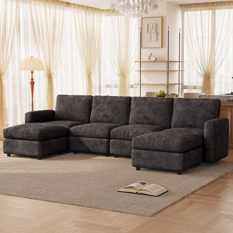 6-Seater Modular Sectional Sofa with Ottoman Storage, Grey, 6, 33.46" H x 116.92" W x 57.08" D, Dark Gray