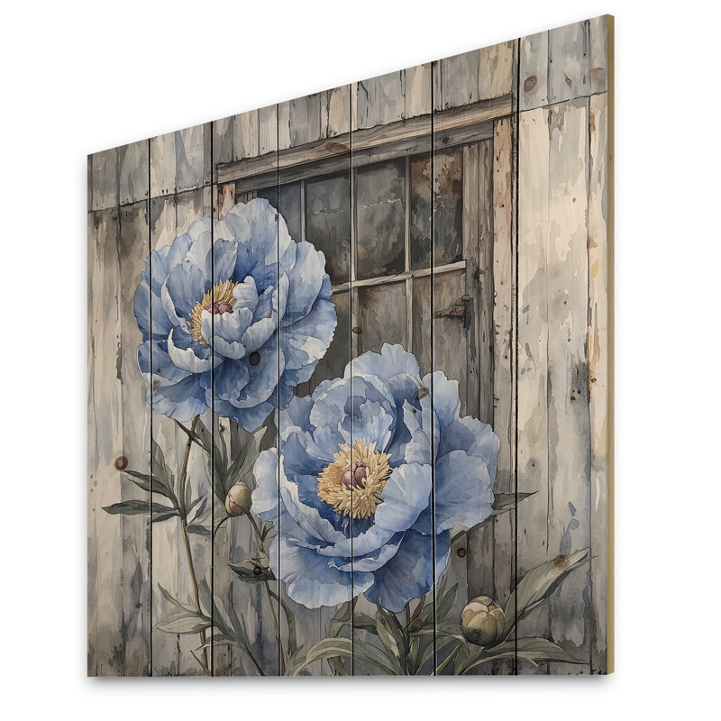 Steel Blue Peonies By The Shed III - Peonies Wood Print - On Natural Pine Wood, 30" H x 30" W x 0.78" D