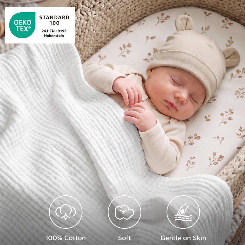 Bedsure 100% Cotton Muslin Blanket, 4-Layer Lightweight Summer Blanket for Dorm, Couch & Everyday Comfort, 200 GSM, White
