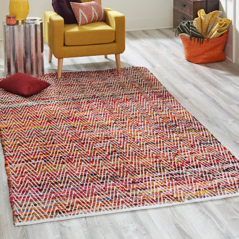 Tapis rouge / jaune / blanc en coton tissé à plat à la main Drakeford, Rectangle 2 pi x 3 pi 1 po