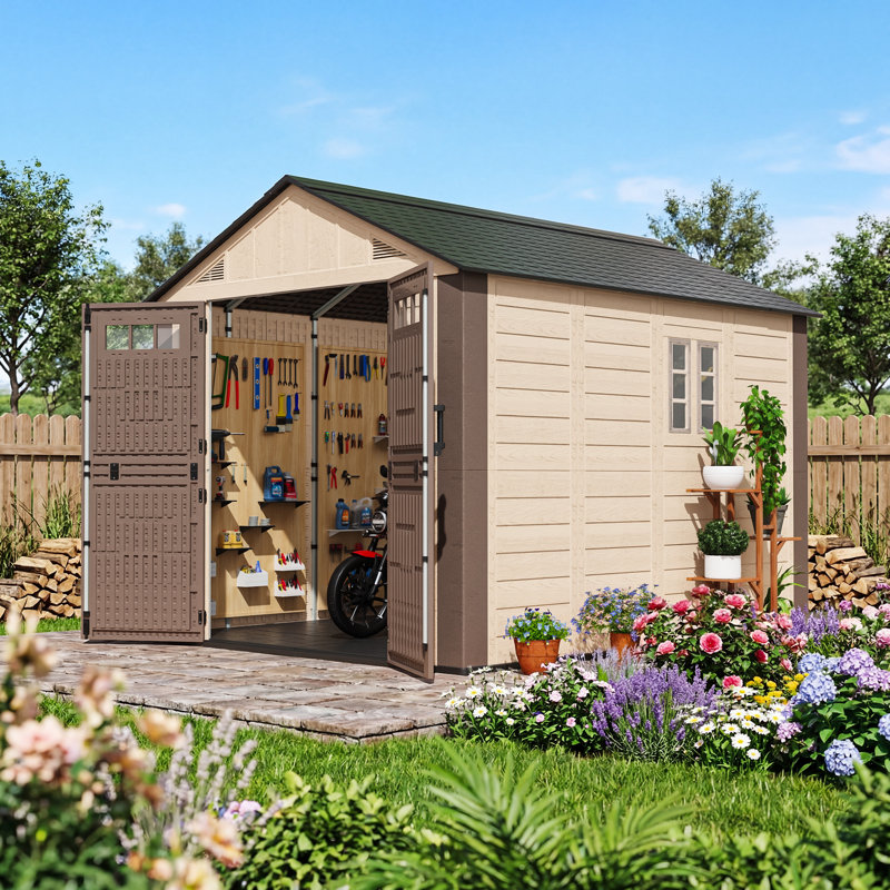 8 ft. W x 10 ft. D Resin Outdoor Storage Shed with Heavy-Duty Internal Steel Skeleton, Lockable Doors, Windows and High-Strength Floor, Beige