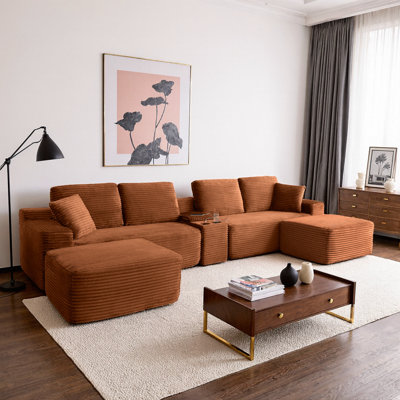 Canapé modulaire en velours côtelé 125 po avec 2 repose-pieds, canapé en forme de L, porte-gobelets, ports USB, modulaire 5 pièces
