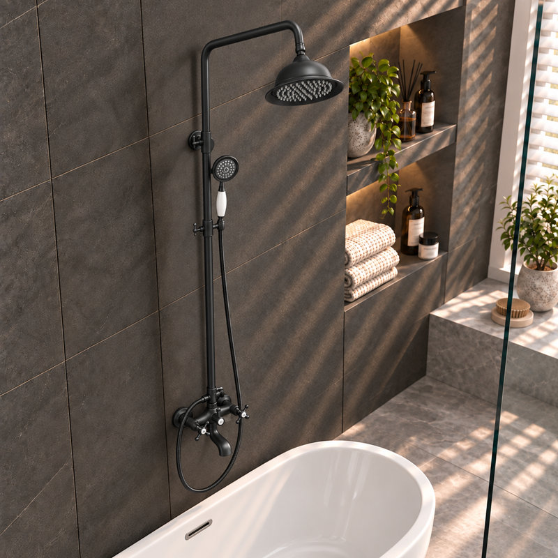 Système de douche mural noir mat effet pluie avec douchette et bec de baignoire, design à trois buses pour salle de bain de style campagnard