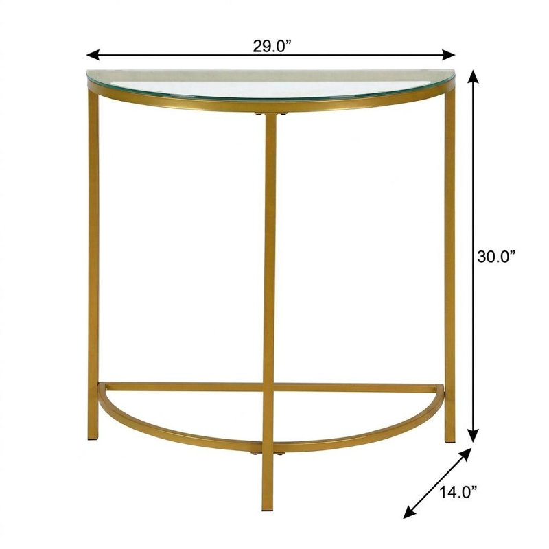 Table console demi-cercle à trois pieds en verre transparent et doré de 74 cm (29 po) et en fer