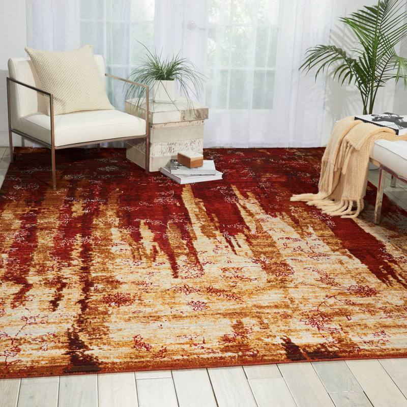 Tapis ikat Straun en or / grenat, Rectangle 8 pi 6 po x 11 pi 6 po