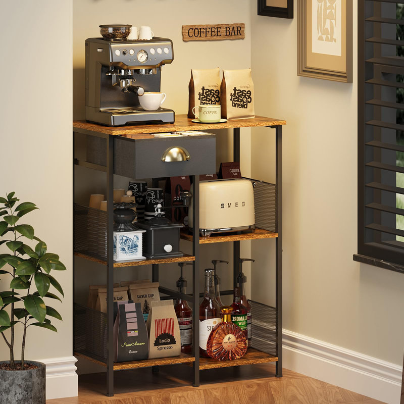 5-Layer Staggered Coffee Bar With Storage Drawer - Space-Efficient Farmhouse Stand For Kitchens - Waterproof Microwave Shelf & Bakers Rack Organizer