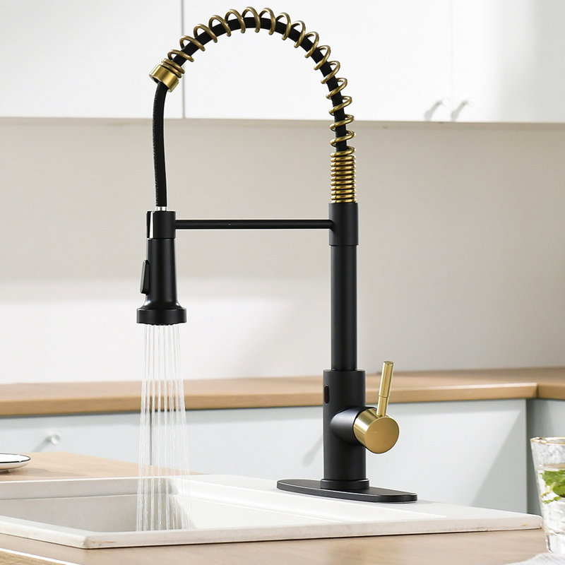 Robinet de cuisine sans contact avec douchette rétractable - Mains automatiques Smart, noir et or, contemporain, acier inoxydable, remplissage en céramique Smart Touchless