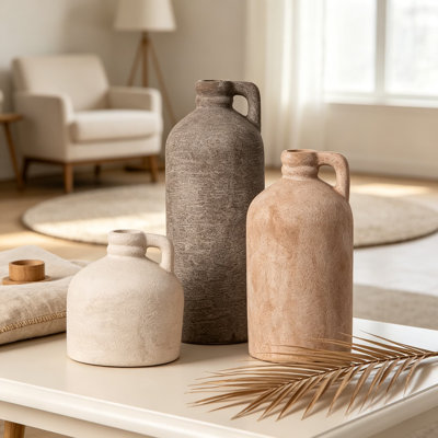 Ceramic Vase Set of 3 for Living Room Decor, Farmhouse Table Centerpiece, Modern Minimalist Home Accent, Rustic Country Style Decorative Vases for Flowers or Dried Stems