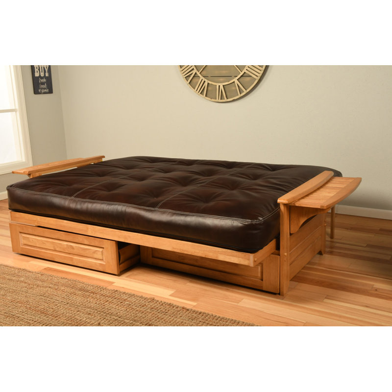 Stratford Queen 87'' Upholstered Futon And Mattress, Oregon Trail Java, Butternut