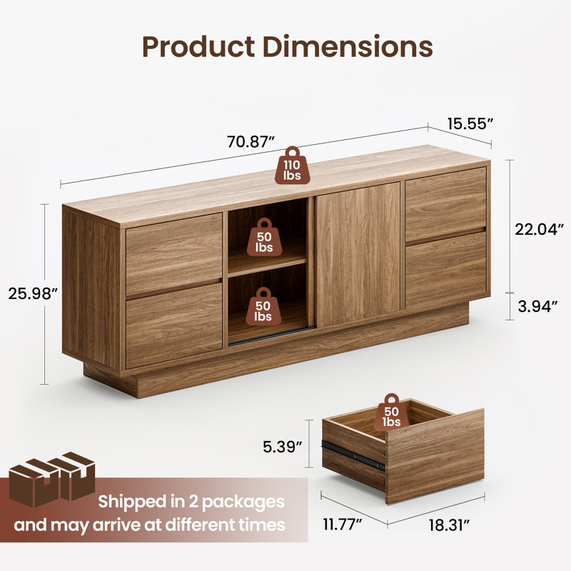 71 '' Tv Stand For Tvs Up To 75/80'', Wood Entertainment Center With Sliding Doors And Drawers, Brown 