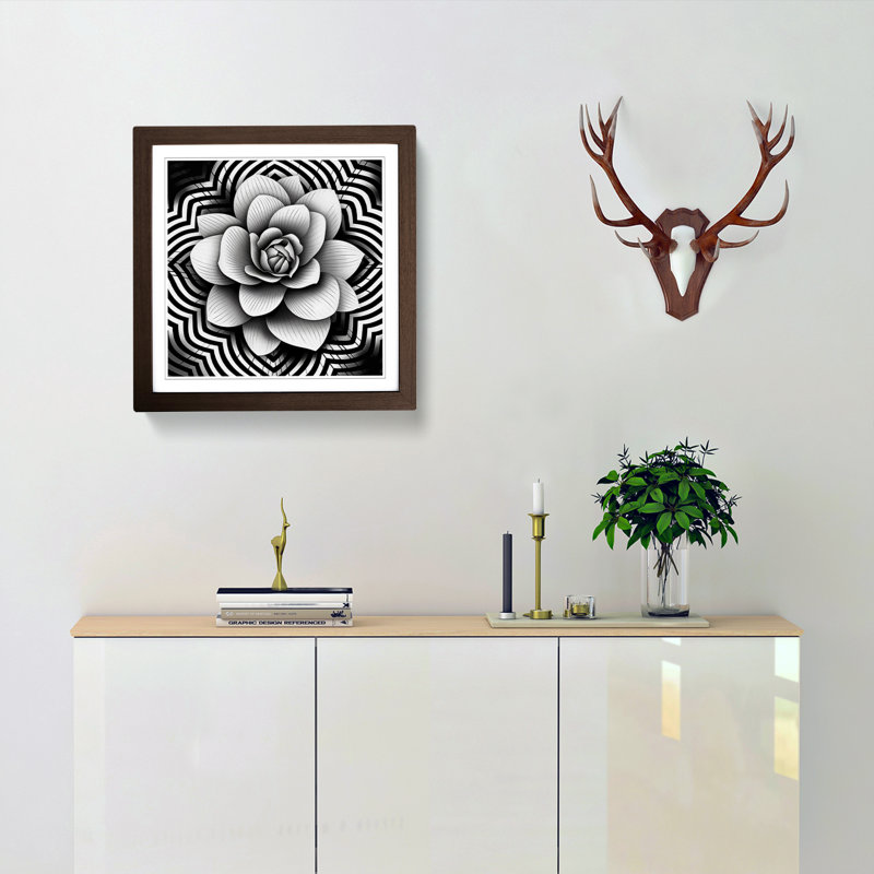 Magnolia Flower Op Art No.2 - Single Picture Frame Print on Wood, Walnut