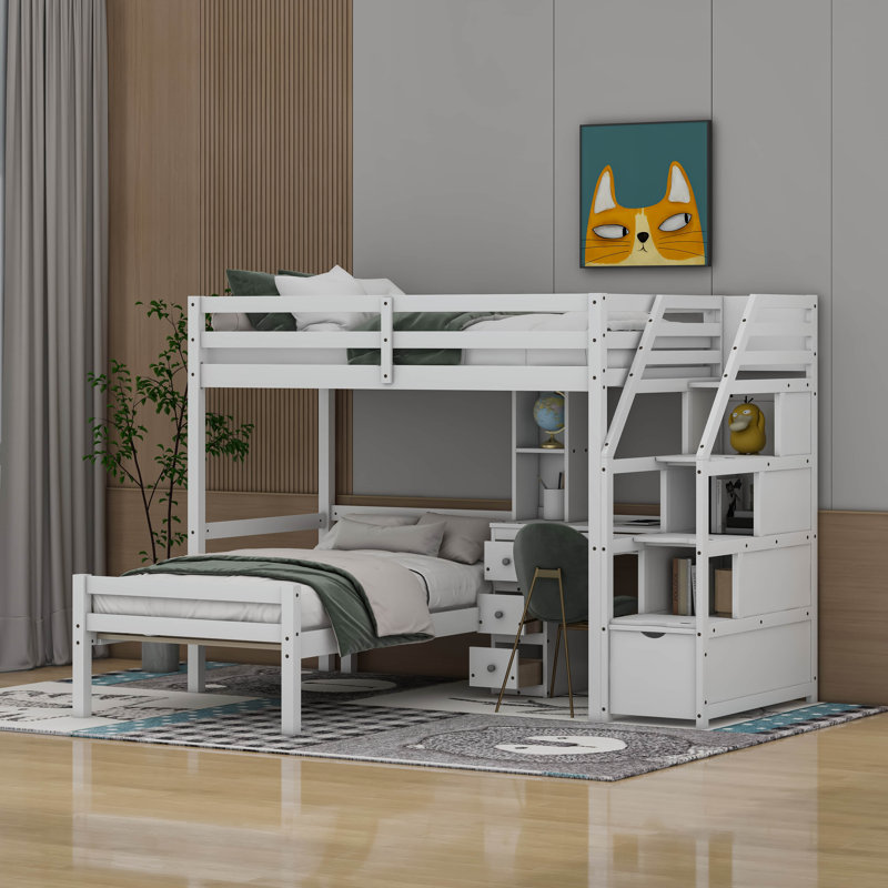 Kids Twin Loft Bed with Drawers, White