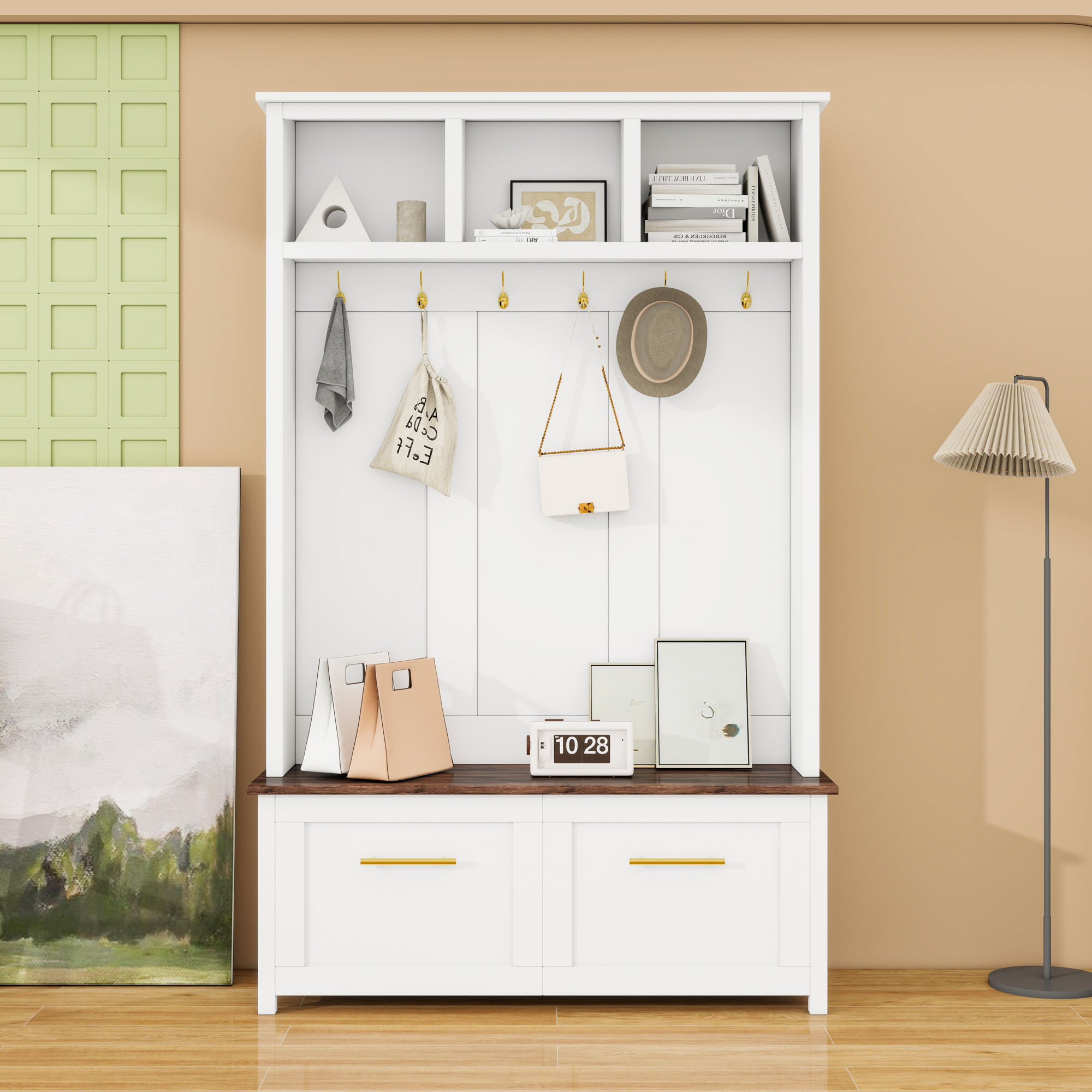 Elegant Oak Hall Tree with Storage Desk and Hooks