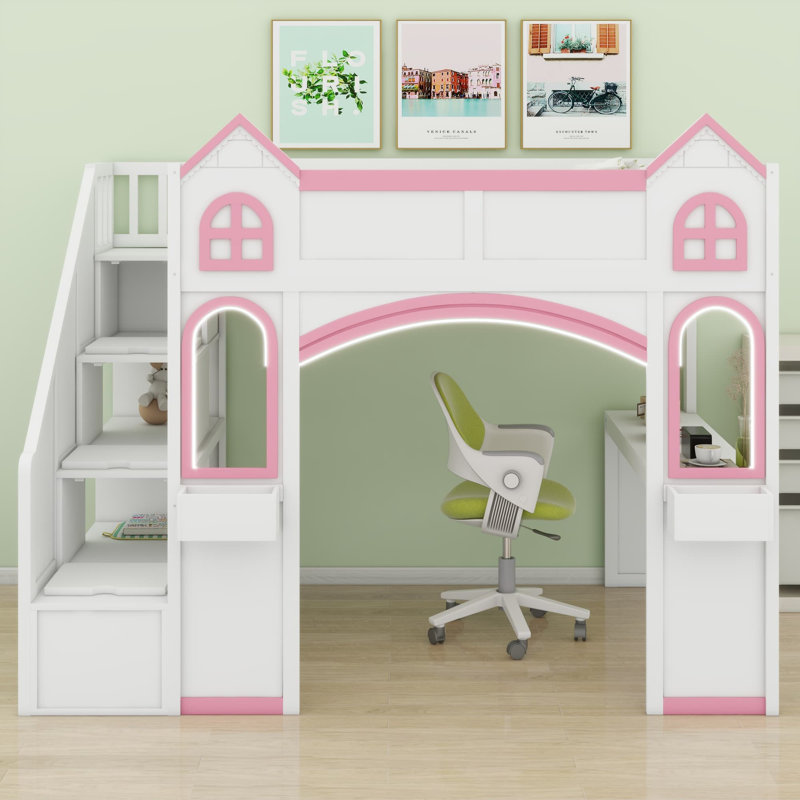 Lit mezzanine en bois pour enfants avec escalier de rangement, bureau, fenêtres, tablettes et lumières DEL pour enfants