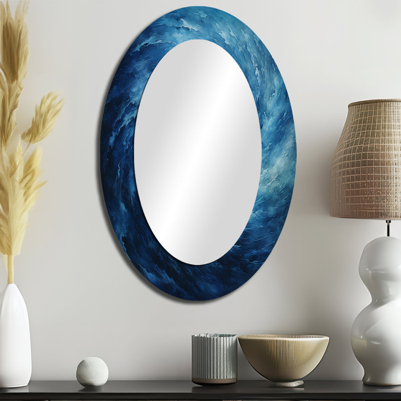 «Blue Swirl Wave Spiral VII», grand miroir à spirales abstraites, décor de miroir mural bleu unique, impression sur métal
