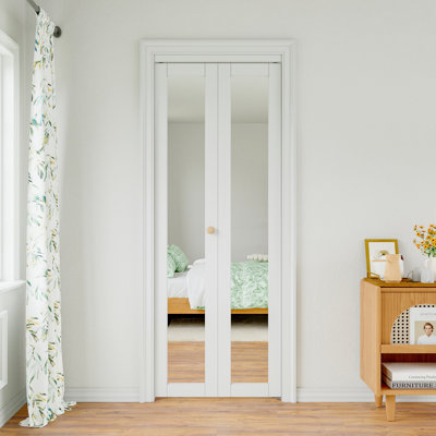Mirrored Glass White Primed Solid Core Bi-Fold Closet Door With Hardware Kit