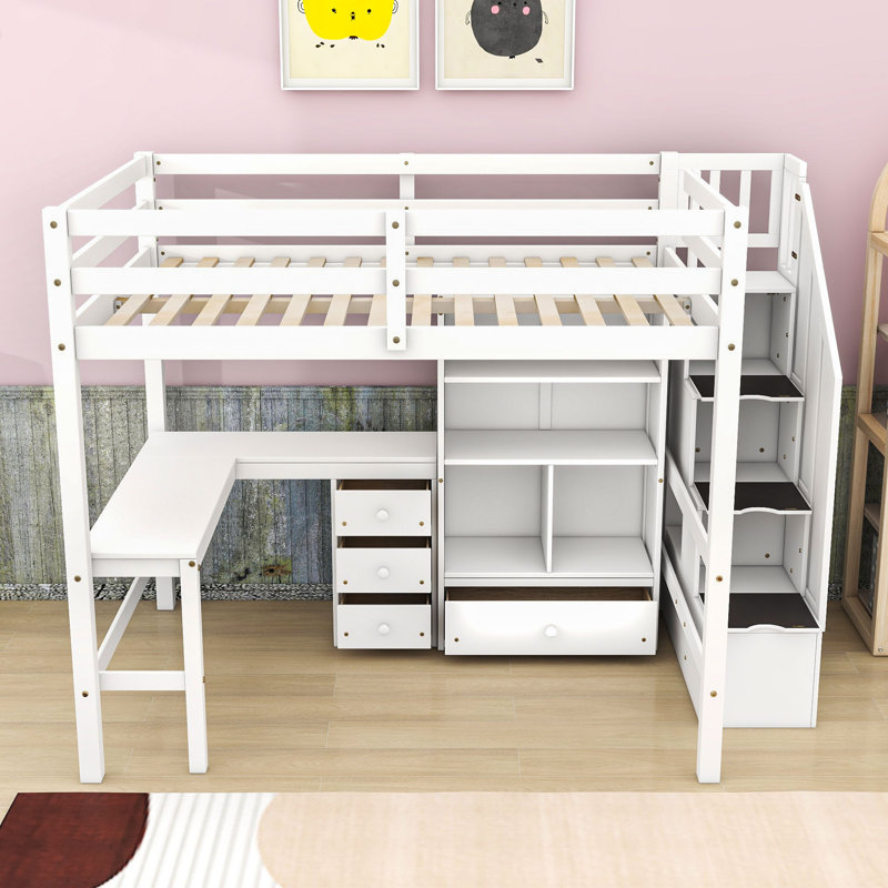 Full Wood Loft Bed With L-Shaped Desk, Storage Drawers And Stairs, White