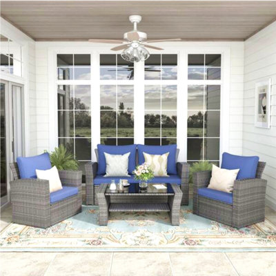 4-Piece Wicker Patio Conversation Set With Glass Table And Cushions