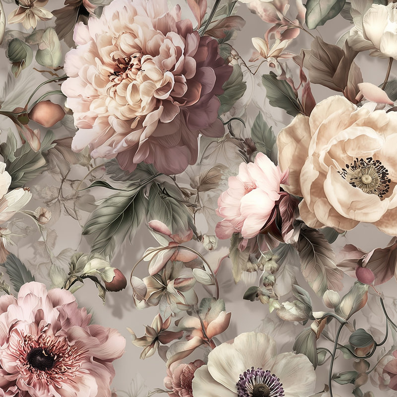 Papier peint floral, décoration murale rétro beige
