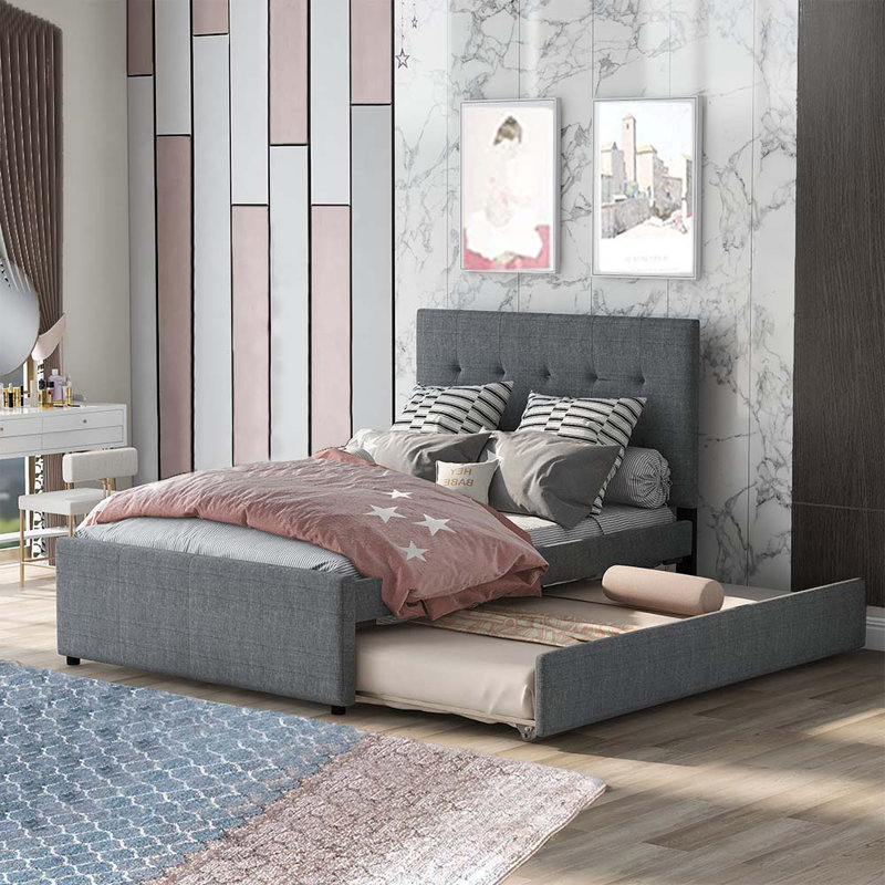 Lit double tapissier double avec gigogne et rails, Double