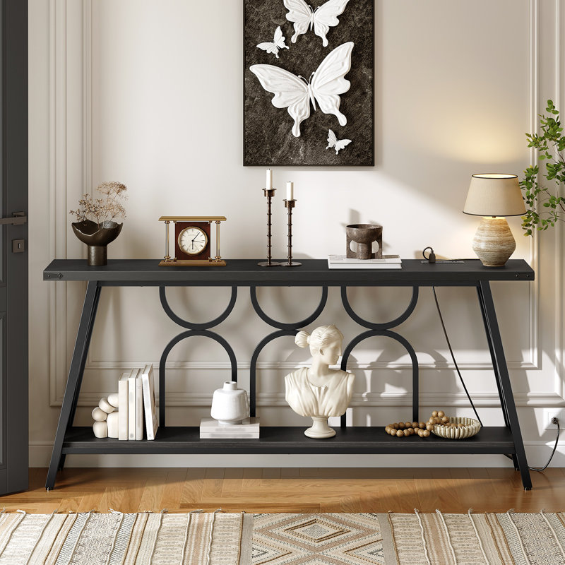 Unique 70.9'' W Console Table with Charging Station and Storage Shelf, Black, 31.5'' H X 70.9'' W X 11.8'' D