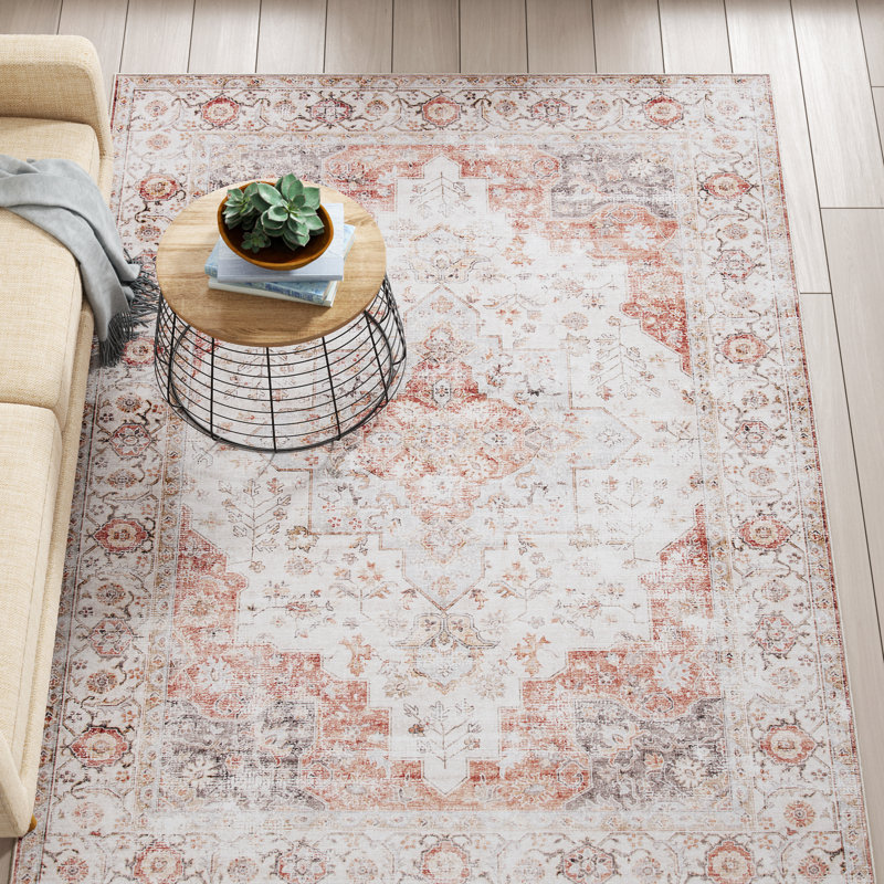 Tucson Windsor Machine Washable Non-Slip Area Rug In Light Grey & Rust, Rectangle 274cm x 366cm