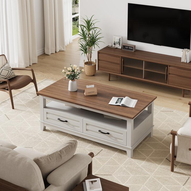 Coffee Table with Storage, Brown / White, White