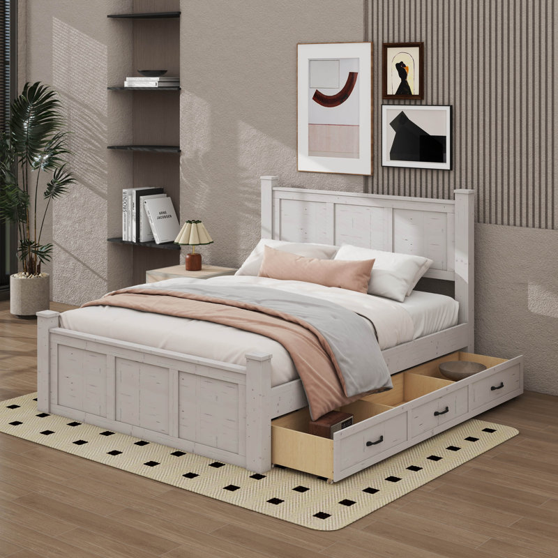 Farmhouse Style Wood Panel Bed Frame Four Square Poster Bed With Three Storage Drawers,King, Queen