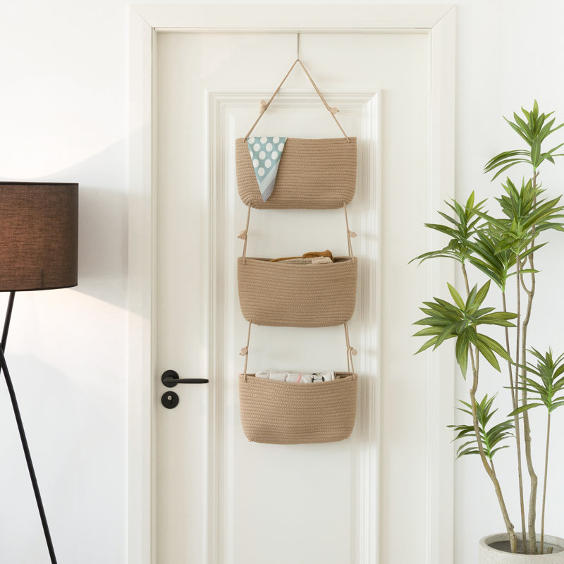Overdoor Hanging Storage Basket with Hook, 3 Cotton Rope Woven Wall Basket Organizer, Beige